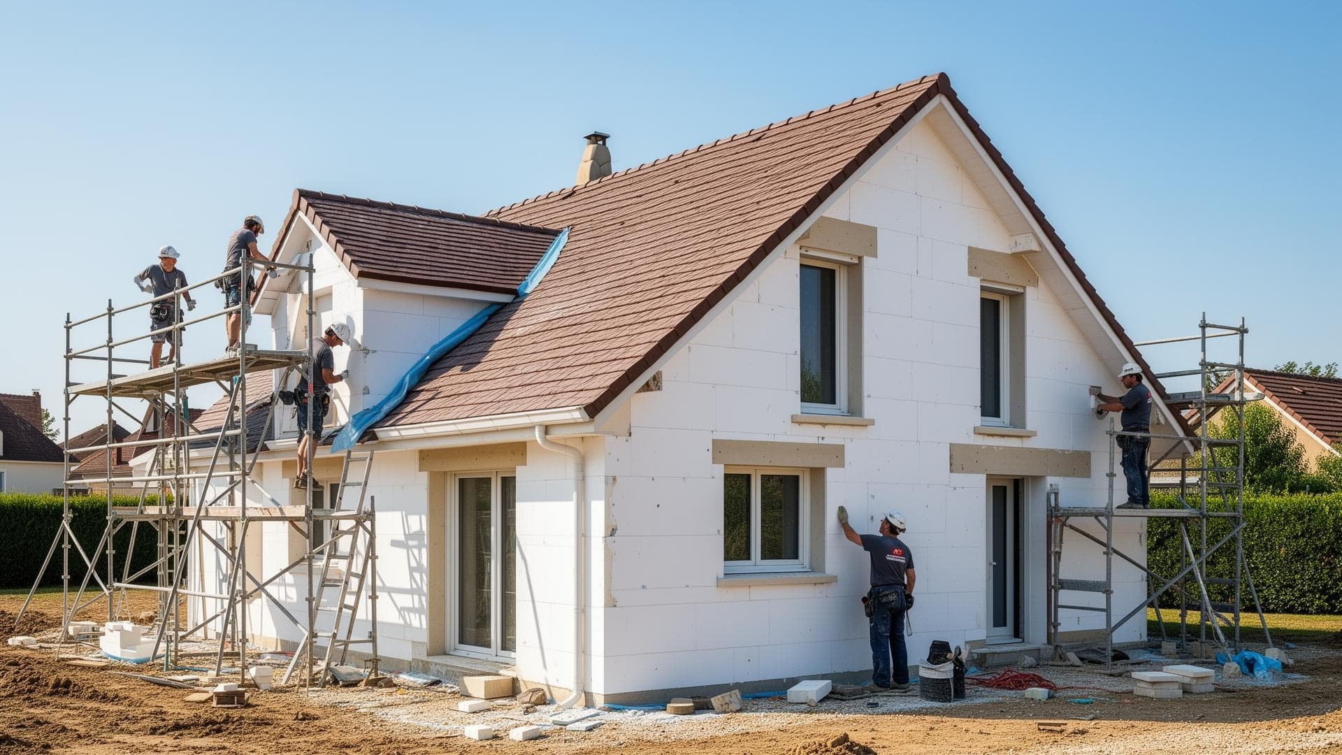 Maison individuelle en cours d'isolation thermique par l'extérieur