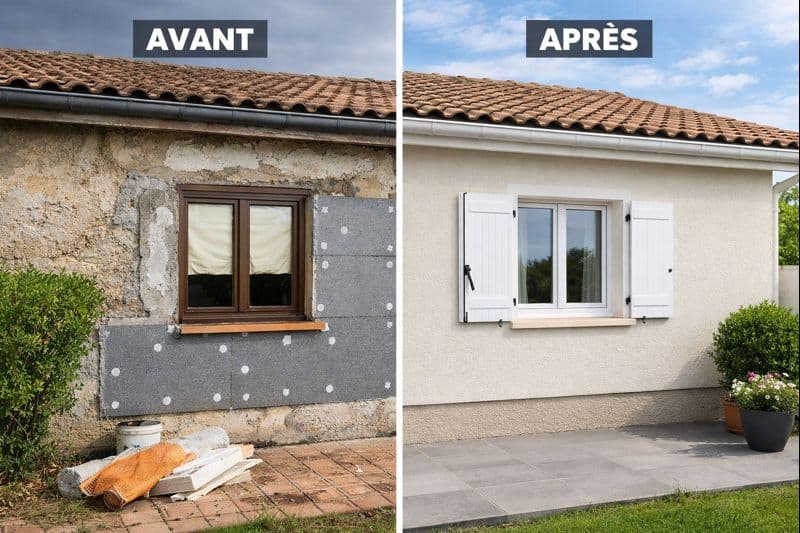 Façade de maison avant et après des travaux d'isolation thermique par l'extérieur